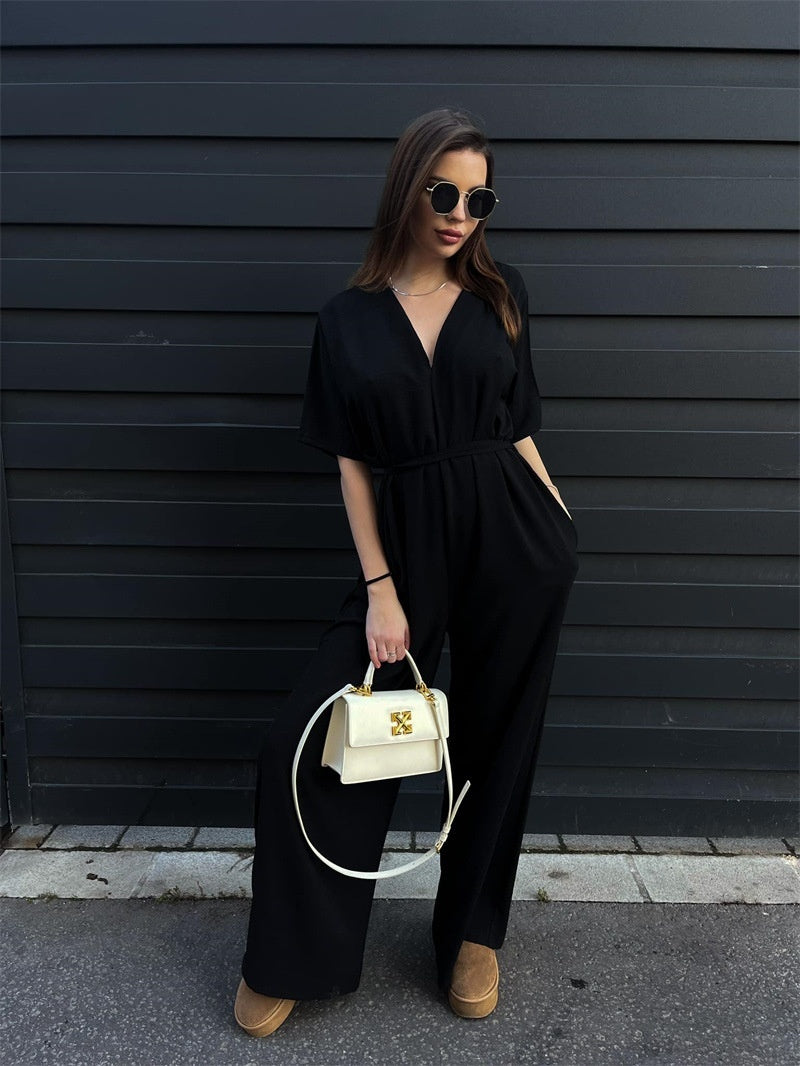 Pure Color Tied Girdle Depth V-neck Casual One-piece Wide-leg Pants