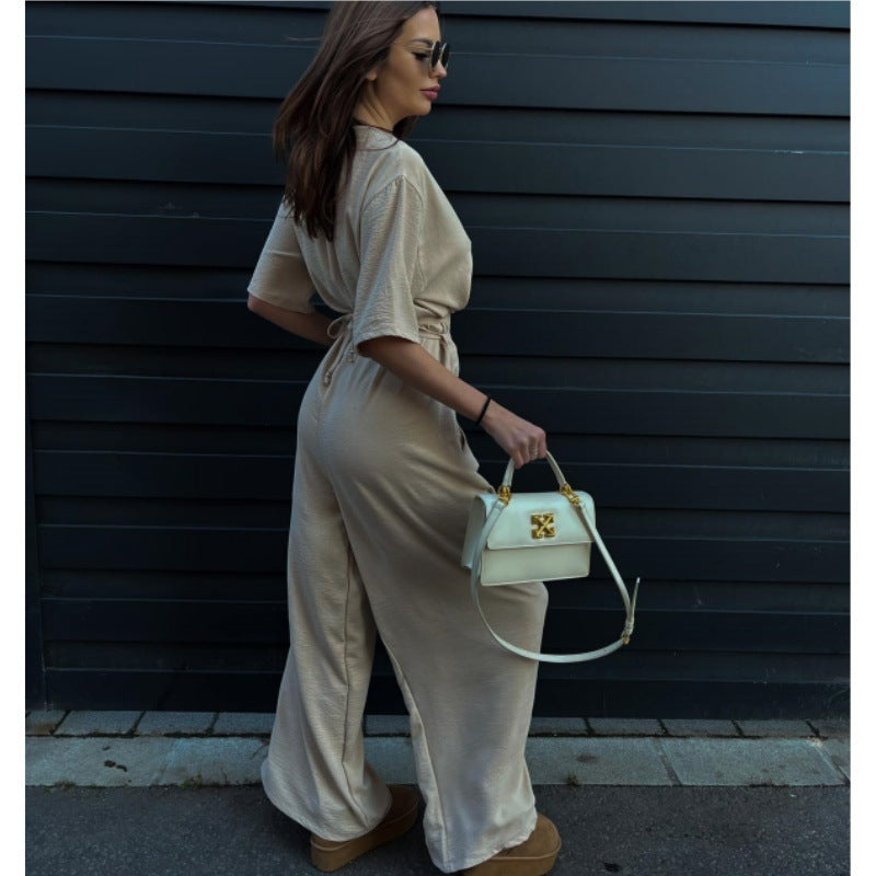 Pure Color Tied Girdle Depth V-neck Casual One-piece Wide-leg Pants
